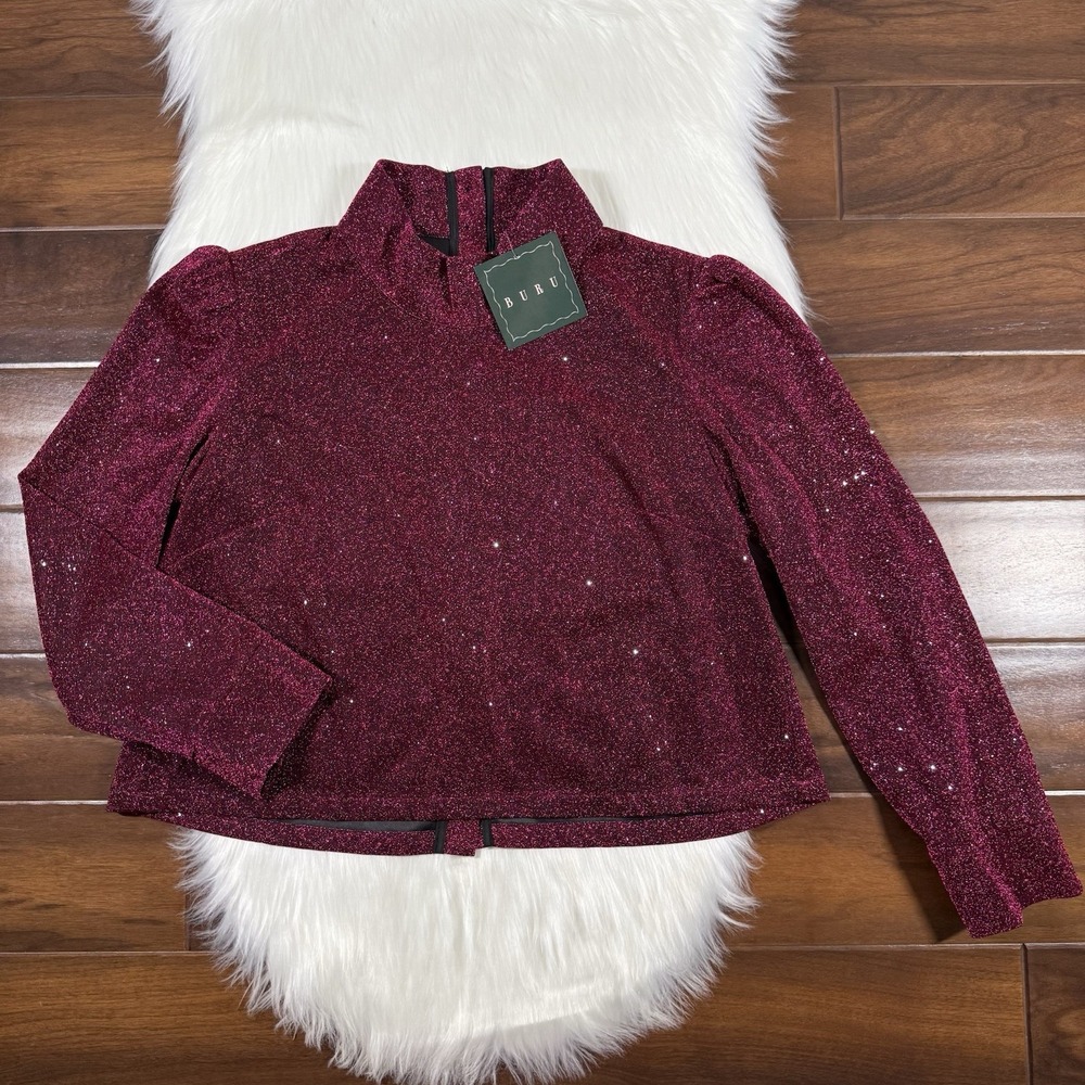 Buru Women's Size Medium Pink Sparkle Shimmer‎ Long Sleeve Mod Top